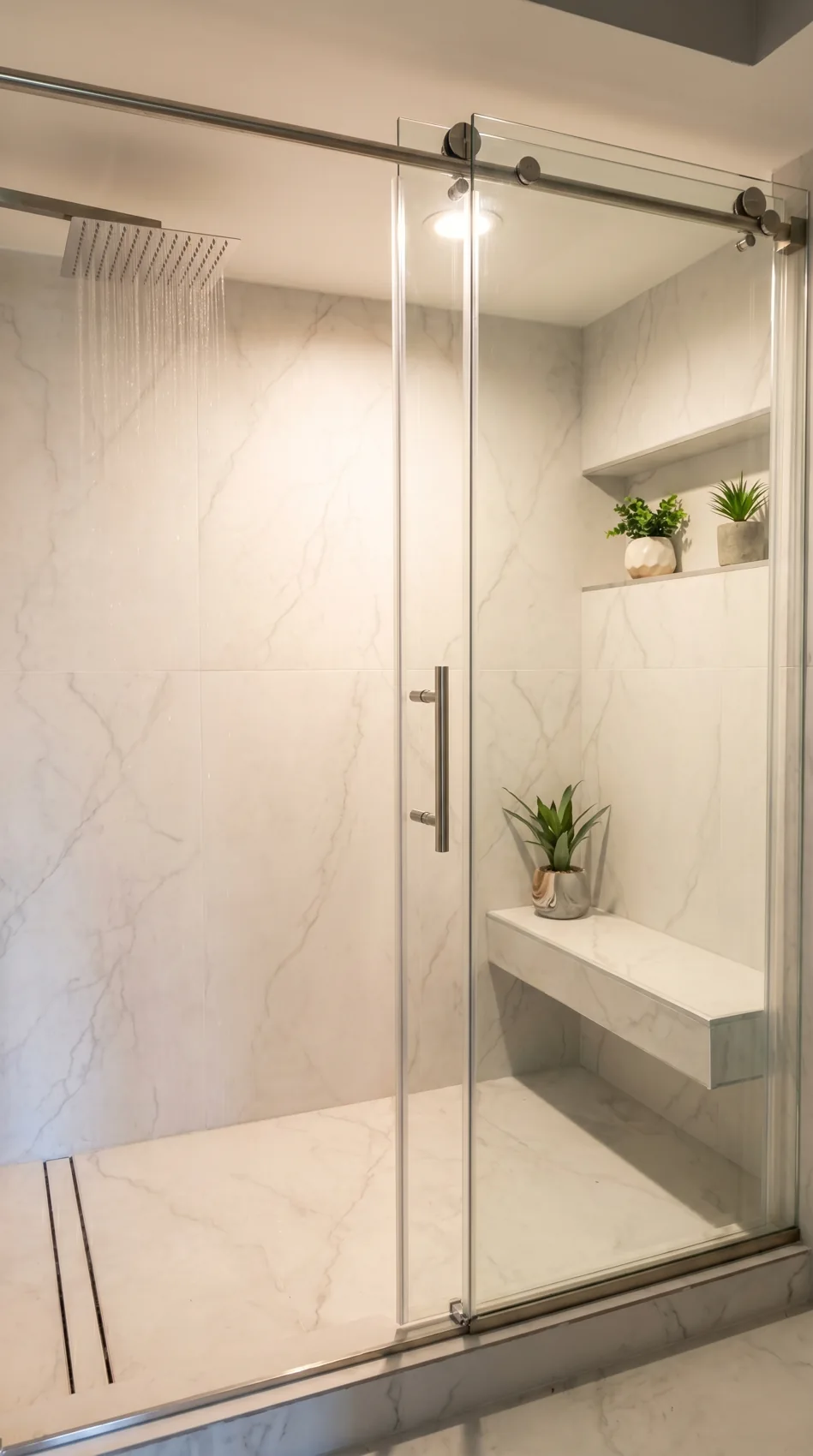 A glass shower enclosure with a built-in bench and recessed storage.