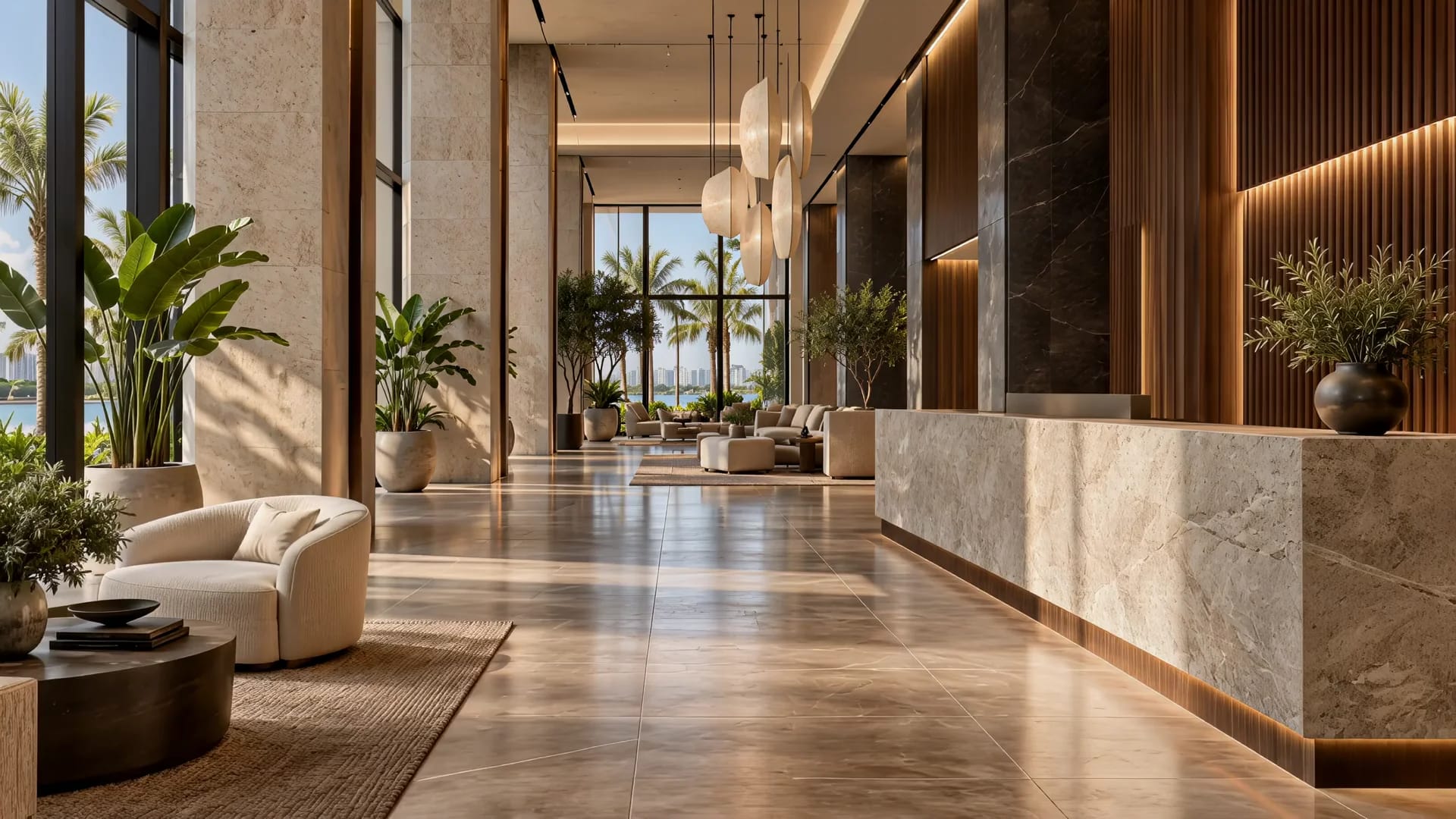 Stone reception and architectural wood finishes in a commercial lobby