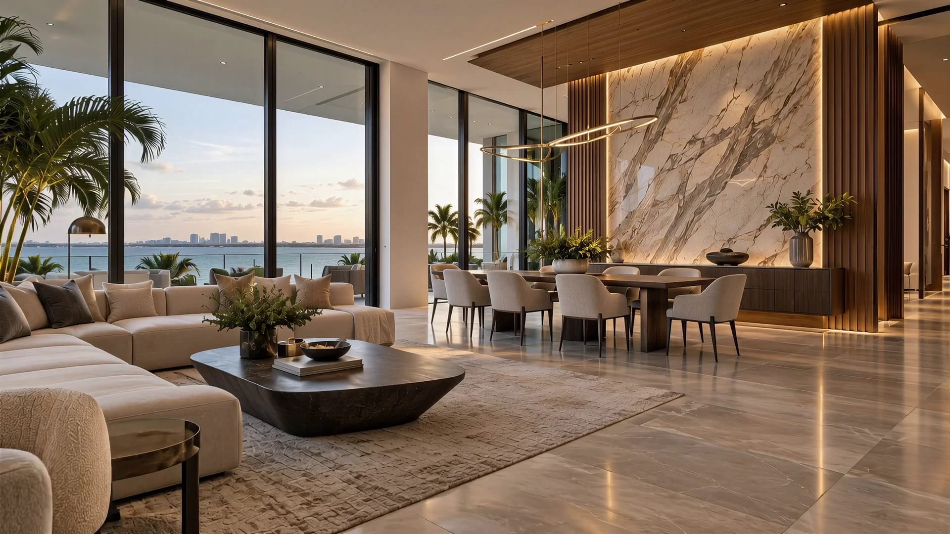 Coordinated living room with stone surfaces and walnut panels