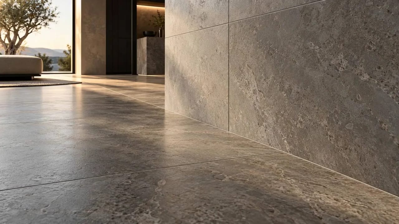 Porcelain floor tile, aligned grout joints and a stone wall